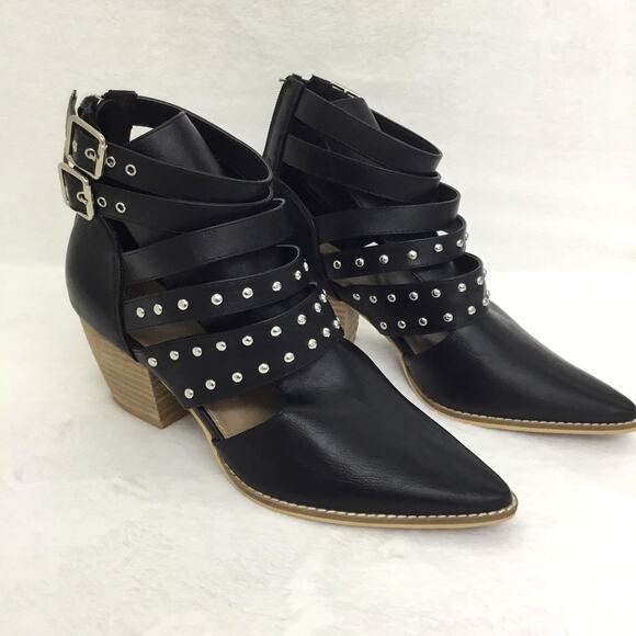 BEAST FASHION Black Studded Cutout Buckle Strap Pointy Toe Ankle Booties Sz 9 - Picture 1 of 10